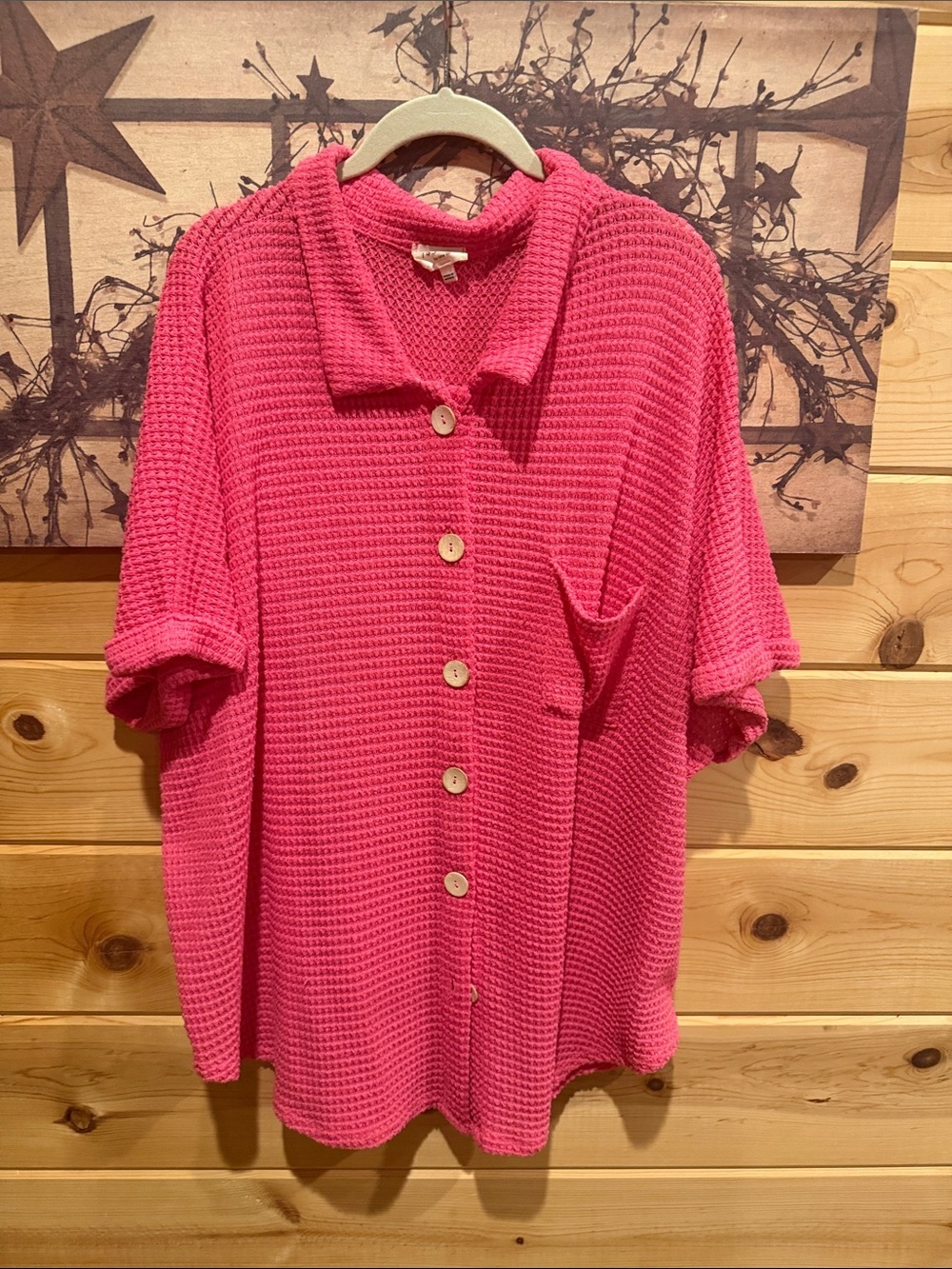 Women's Button-Front Waffle Knit Top in Hot Pink